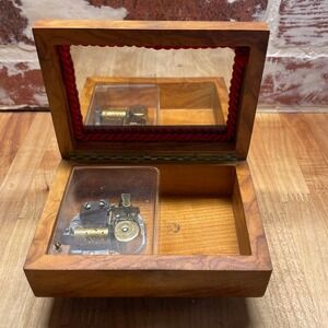 Vintage Reuge Swiss Music Box Wood Jewelry Case Minuet de Don Juan Footed Mirror